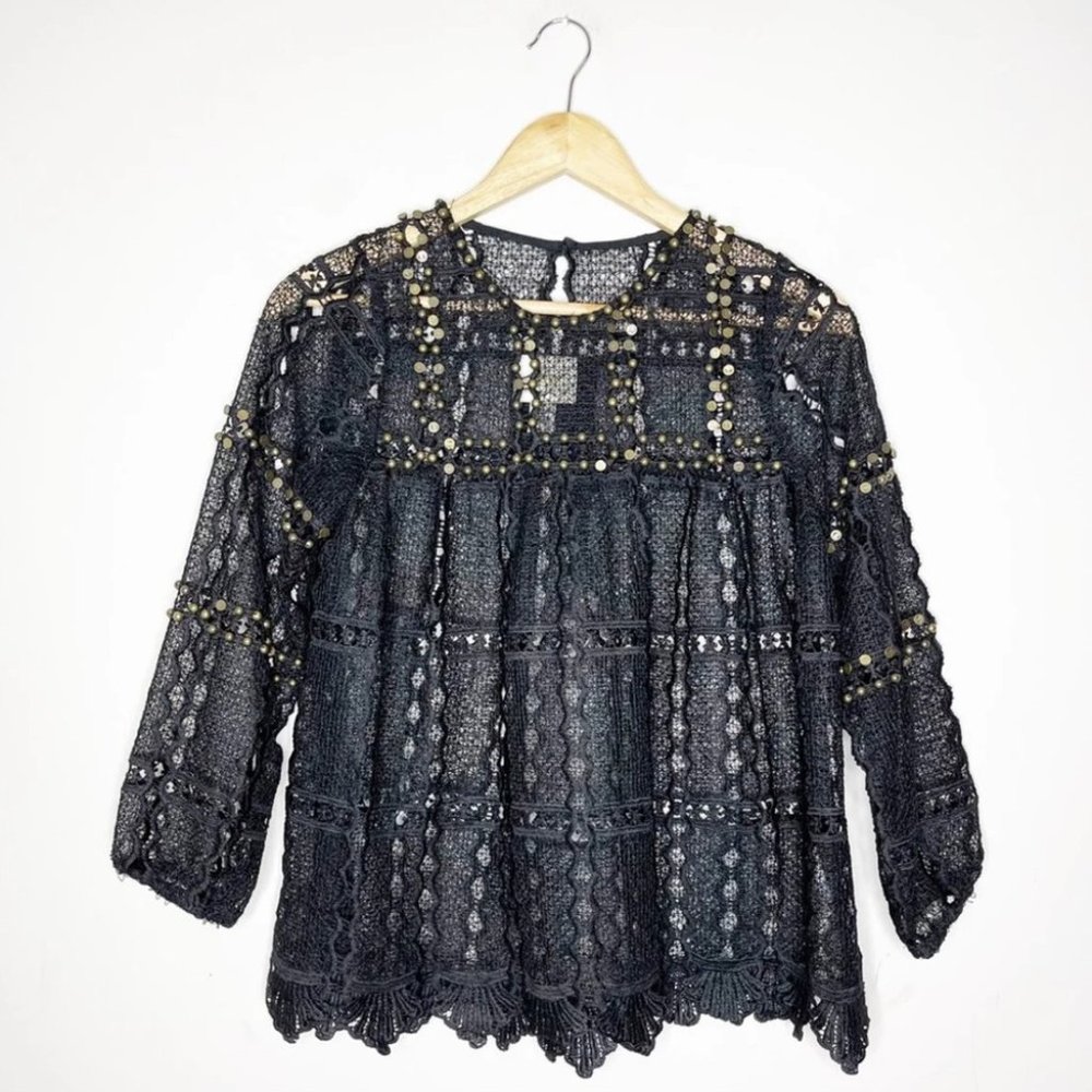 Maeve Black Lace Beaded Peasant Blouse